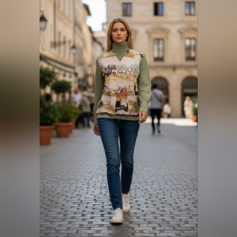 Hermes Multicolor Graphic Turtleneck Sweater Vintage Preloved Silk Wool 42